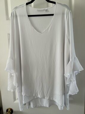 Susan Graver White V-Neck Ruffle Sleeve Tunic